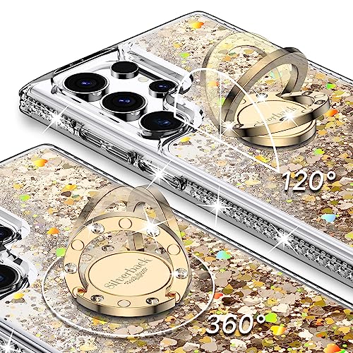 Silverback for Samsung Galaxy S24 Ultra Case with Ring, Women Girls Bling Holographic Sparkle Glitter Cute Cover,Diamond Ring Protective Phone Case for Galaxy S24 Ultra - Clear Gold | Moving Liquid Holographic Sparkle Glitter, Kickstand, Bling Diamond Rin