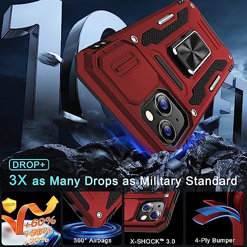 DEERLAMN Case for iPhone 13/iPhone 14 6.1-Inch with Slide Camera Cover+Screen Protector(2 Packs),Rotated Ring Kickstand Military Grade Shockproof Protective Cover-Red - color: Red