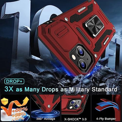 DEERLAMN Case for iPhone 13/iPhone 14 6.1-Inch with Slide Camera Cover+Screen Protector(2 Packs),Rotated Ring Kickstand Military Grade Shockproof Protective Cover-Red - color: Red