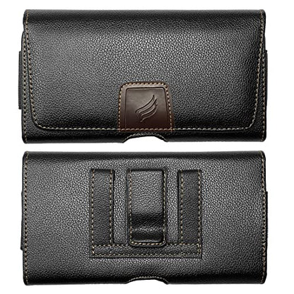 Leather Cell Phone Holster for T-Mobile REVVLRY+, REVVL 4, AT&T Fusion Z, Motivate, Jitterbug Smart3, Kyocera DuraSport 5G - Horizontal Case Waist Carrying Pouch with BeltClip/Loops, Black - size: Medium