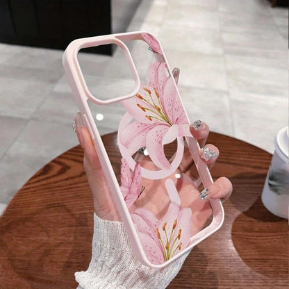 Pink Lilies Magnetic Phone Case for iPhone 17/16/15/14/13/12 Pro Fashionable Pattern Design Transparent Shockproof Classic Gift Ultra-Thin Protective Smartphone Cover (Pink, iPhone 17 Pro) - color: Pink