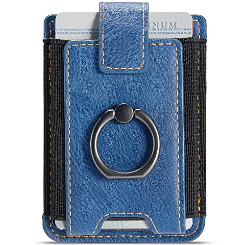 Phone Card Holder with Ring Grip for Back of Phone,Adhesive Stick-on Credit Card Wallet Pocket for iPhone,Android and Smartphones (Blue) - color: Blue