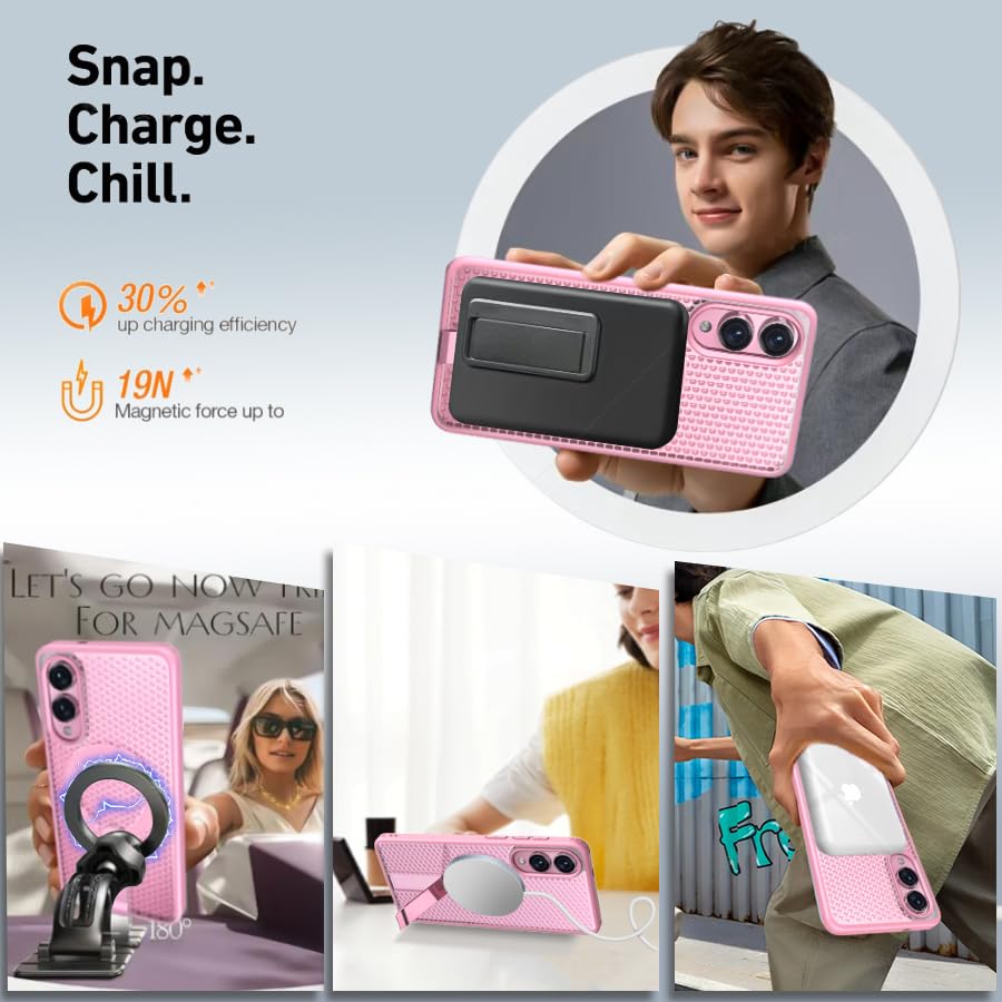 for Samsung Galaxy S25 Edge Case with Stand Compatible with MagSafe +1 Screen Protector, [Built in Kickstand &Magnet][Heat Dissipate] Protective Matte Case for Galaxy S25 Edge (Pink) - color: Pink