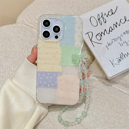 for iPhone 15 pro max Case, Pastel Patchwork Phone Cover with Crystal Heart Beaded Strap & Bow Charm, Cute Kawaii Clear Protective Case for Women Girls(Lanyard+Phone case, iphone15promax) - size: iphone15promax