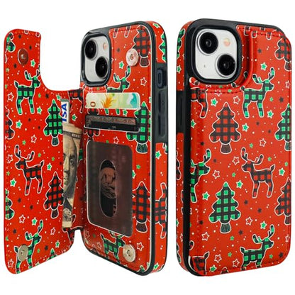 HAOPINSH for iPhone 13/14 Wallet Case with Card Holder, Christmas Santa Tree Deco Pattern Back Flip Case PU Leather Kickstand Card Slots Case for Women Girls, Double Magnetic Clasp Shockproof 6.1" - color: Santa deco