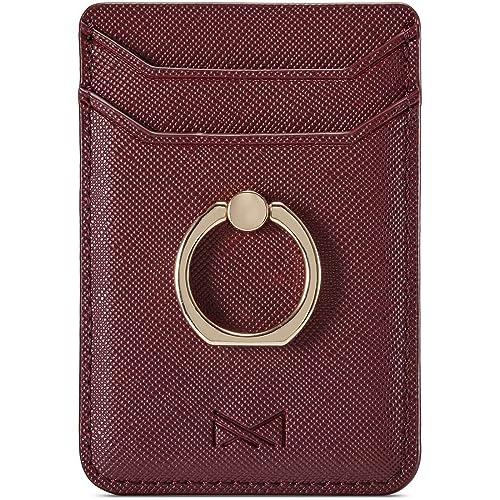 Phone Card Holder with Ring Grip for Back of Phone,Adhesive Stick-on Credit Card Wallet Pocket for iPhone,Android and Smartphones (Wine) - color: Wine