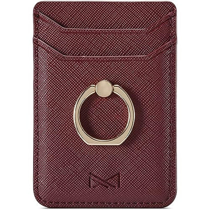 Phone Card Holder with Ring Grip for Back of Phone,Adhesive Stick-on Credit Card Wallet Pocket for iPhone,Android and Smartphones (Wine) - color: Wine