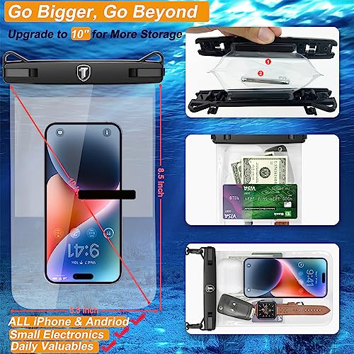 Extra Large Waterproof Phone Pouch Bag Case for Samsung Galaxy S25 Ultra S24 Plus S23 Note 20 A36 A35 A16 A15 iPhone 16E 16 Pro Max [Up to 10"] [2-Pack] IPX8 Vacation Cellphone Dry Bag-Clear