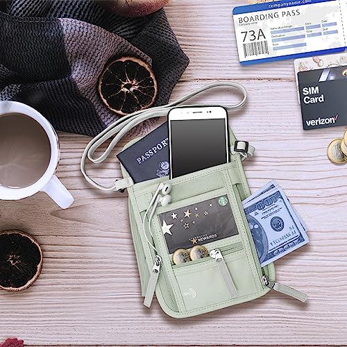 WALNEW Passport Holder Neck Pouch Travel Wallet for Women and Men, RFID Blocking Security Slim Traveling Wallet with Around Neck Lanyard Strap, Light Green - color: Light Gray Green