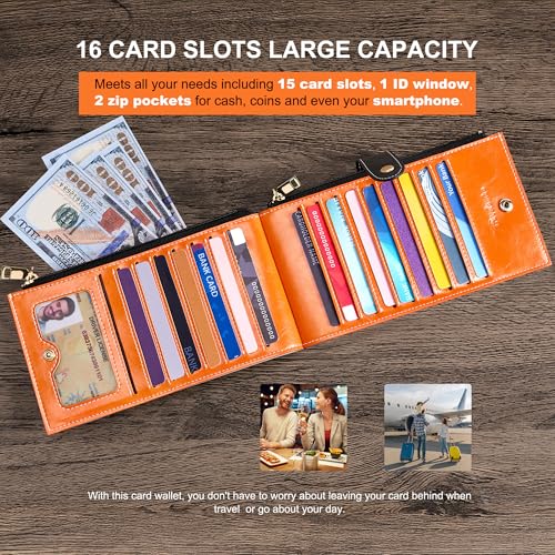 Travelambo RFID Wallet Women Large Size Bifold Multi Card Wallet Case with Zipper Pocke Credit Card Holder for Women - color: Brown-Wax Leather
