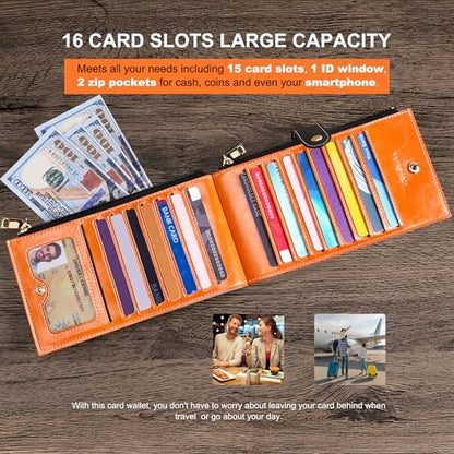 Travelambo RFID Wallet Women Large Size Bifold Multi Card Wallet Case with Zipper Pocke Credit Card Holder for Women - color: Brown-Wax Leather