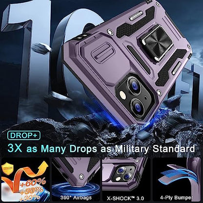 DEERLAMN Case for iPhone 13/iPhone 14 6.1-Inch with Slide Camera Cover+Screen Protector(2 Packs),Rotated Ring Kickstand Military Grade Shockproof Protective Cover-Deep Purple - color: Deep Purple