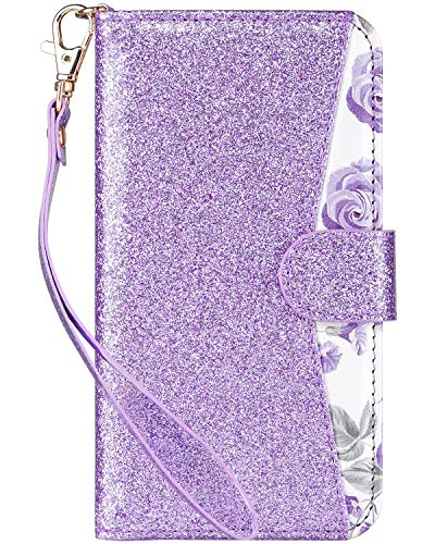 ULAK for iPhone SE 3(2022)/SE(2020)/8/7 Wallet Case Card Holder, Purple | Premium Floral PU Leather Flip Case with Kickstand Card Slots,RFID Blocking,Wrist Strap, Durable Shockproof Cover 4.7 Inch - color: Bling Purple