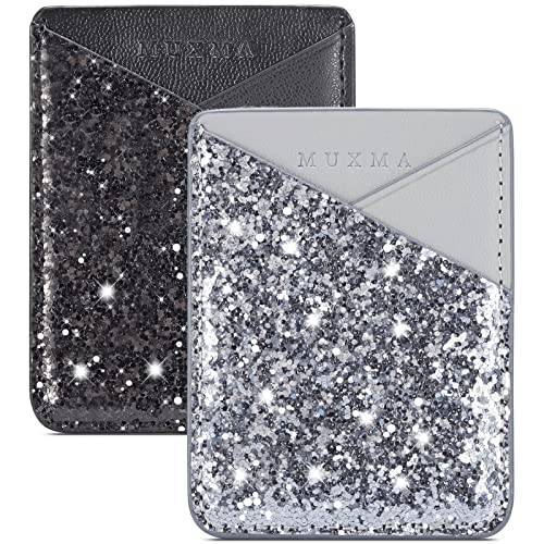 Faux Leather Cell Phone Wallet,Credit Card Holder for Back of Phone Pocket 3M Adhesive Sticker Card Pouch Sleeve for iPhone/Samsung Galaxy/Sony/Android and Most Smartphones,Black/Silver Glitter - color: Silver+Black