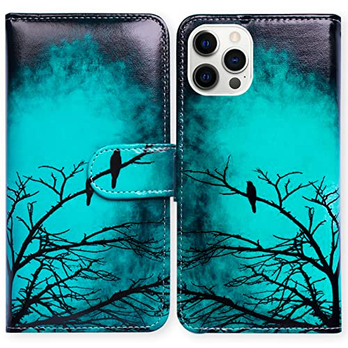 Bcov Case for iPhone 14 Pro, Black Bird Green Leather Flip Phone Case Wallet Cover with Card Slot Holder Kickstand for iPhone 14 Pro - color: Black Bird Pattern
