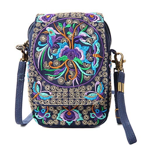 SILKAREA Embroidered Cute Mini Crossbody Bag for Women Small Handbags Wristlet Wallet Bag Cell-phone Pouch Coin Purse - color: Blue + Flower-small