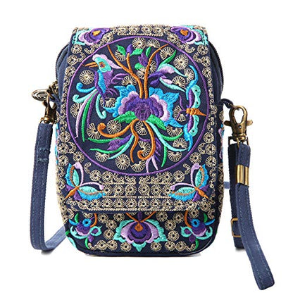 SILKAREA Embroidered Cute Mini Crossbody Bag for Women Small Handbags Wristlet Wallet Bag Cell-phone Pouch Coin Purse - color: Blue + Flower-small