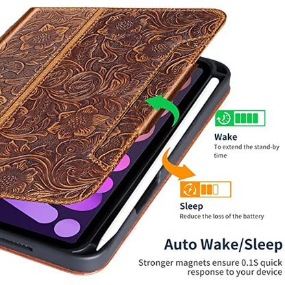 Gexmil Leather Case for iPad mini 7 A17 Pro/iPad mini 6 Gen 8.3 Inch - color: Brown+Buckle+Pencil Holder