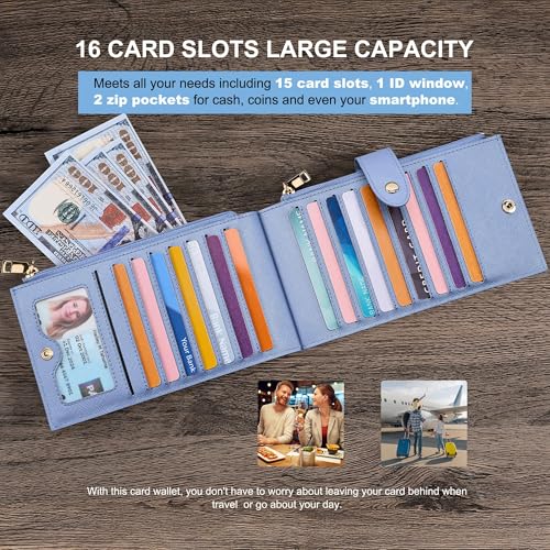 Travelambo RFID Wallet Women Large Size Bifold Multi Card Wallet Case with Zipper Pocke Credit Card Holder for Women - color: Gold Blue