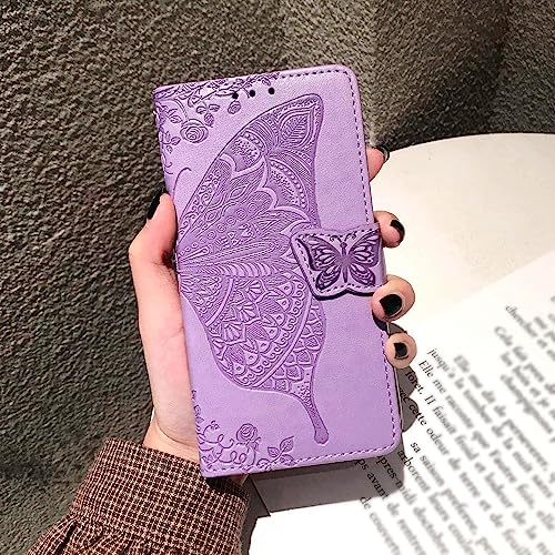 for iPhone 12 Pro/iPhone 12 Wallet Case,Women Flip Folio Cover with Butterfly Embossed PU Leather Kickstand Credit Card Holder Slots Wrist Strap for iPhone 12/12 Pro 6.1 inch (Lavender) - color: Lavender
