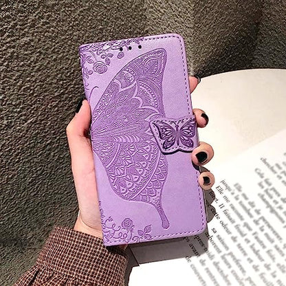 for iPhone 12 Pro/iPhone 12 Wallet Case,Women Flip Folio Cover with Butterfly Embossed PU Leather Kickstand Credit Card Holder Slots Wrist Strap for iPhone 12/12 Pro 6.1 inch (Lavender) - color: Lavender