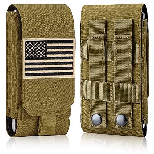 Tactical Molle Phone Cover Case, Heavy Duty Loop Belt Holster Pouch with Flag Patch for iPhone 17 Pro Max/Air/17 Pro/17/16 Pro Max/15 Pro Max/14 Pro Max/13 Pro Max, for Galaxy S26 Ultra - color: Khaki