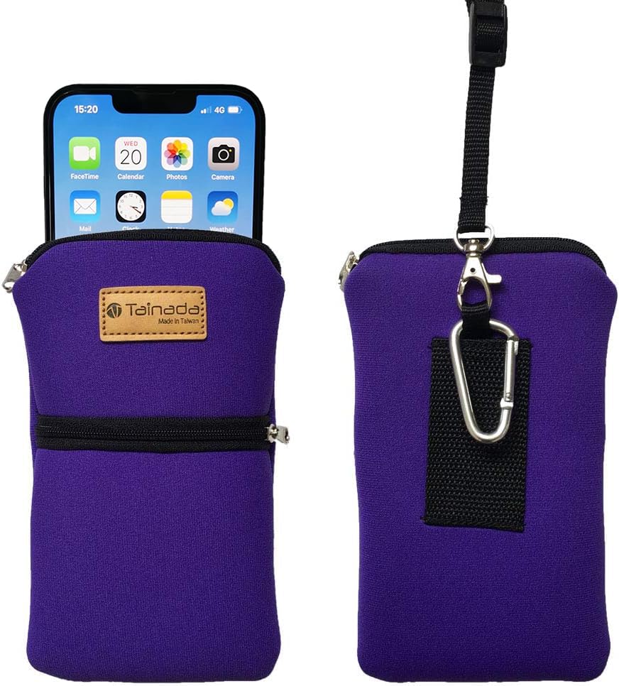 Tainada Dual Zipper Neck Cell Phone Pouch Case Bag w/Belt Loop (Purple) | For Men/Women; Water-resistant neoprene shockproof lightweight cellphone pocket carrier holder w/clip; Fits most smartphones - color: Purple