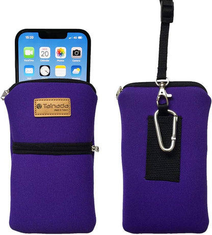 Tainada Dual Zipper Neck Cell Phone Pouch Case Bag w/Belt Loop (Purple) | For Men/Women; Water-resistant neoprene shockproof lightweight cellphone pocket carrier holder w/clip; Fits most smartphones - color: Purple