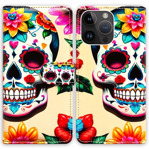 RFID Safe Case for iPhone 15 Pro Max,RFID Blocking,Flowers White Sugar Skull Leather Flip Phone Case Wallet Cover with Card Slot Holder Kickstand for iPhone 15 Pro Max - color: Flowers White Sugar Skull