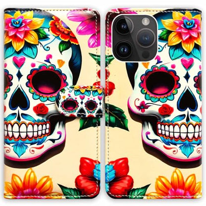 RFID Safe Case for iPhone 15 Pro Max,RFID Blocking,Flowers White Sugar Skull Leather Flip Phone Case Wallet Cover with Card Slot Holder Kickstand for iPhone 15 Pro Max - color: Flowers White Sugar Skull
