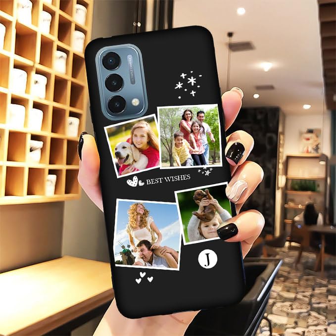 Custom Case for OnePlus Nord N200 5G Photos Collage - Personalize Name Text Date Image Initials Codes N 200 5 G Mobile Tele Smart Phone Cover Protective Durable Slim Soft Silicone Black - color: Black 09 - Heart Star Snow, 4 Photos Text