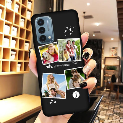 Custom Case for OnePlus Nord N200 5G Photos Collage - Personalize Name Text Date Image Initials Codes N 200 5 G Mobile Tele Smart Phone Cover Protective Durable Slim Soft Silicone Black - color: Black 09 - Heart Star Snow, 4 Photos Text