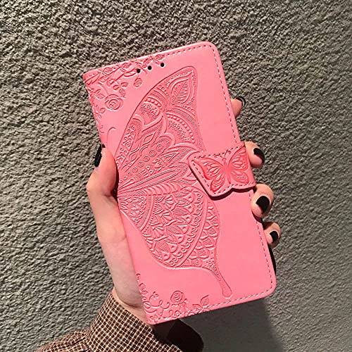for iPhone 12 Pro/iPhone 12 Wallet Case,Women Flip Folio Cover with Butterfly Embossed PU Leather Kickstand Credit Card Holder Slots Wrist Strap for iPhone 12/12 Pro 6.1 inch (Pink) - color: Pink