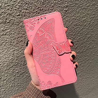 for iPhone 12 Pro/iPhone 12 Wallet Case,Women Flip Folio Cover with Butterfly Embossed PU Leather Kickstand Credit Card Holder Slots Wrist Strap for iPhone 12/12 Pro 6.1 inch (Pink) - color: Pink