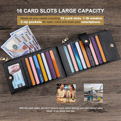 Travelambo RFID Wallet Women Large Size Bifold Multi Card Wallet Case with Zipper Pocke Credit Card Holder for Women - color: Black
