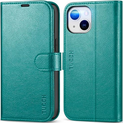 TUCCH Wallet Case for iPhone 13 (6.1") 2021, 3 Card Holders, Cyan | RFID Blocking, Viewing Stand, Shockproof TPU Shell, PU Leather, Magnetic Closure, Protective Folio Flip Cover - color: Cyan - Textured