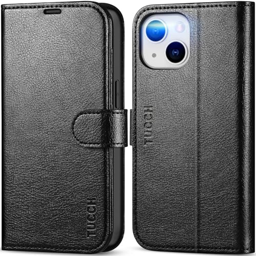 TUCCH Wallet Case for iPhone 14 (6.1") 2022, Flip Stand, Textured Black | RFID Blocking, 4 Card Holders, Kickstand, PU Leather, Shockproof TPU Shell, Magnetic Closure, Protective Folio Cover - color: Black - Textured