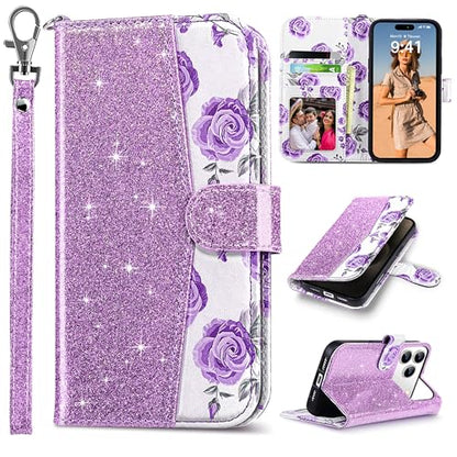 ULAK Compatible with iPhone 17 Pro Max Wallet Case Card Holder, Purple | with Card Holder, [RFID Blocking] PU Leather Case Kickstand Card Slots Wrist Strap, Durable Shockproof Cover 6.9 Inch - color: Purple, size: iPhone 17 Pro Max - 6.9 inch