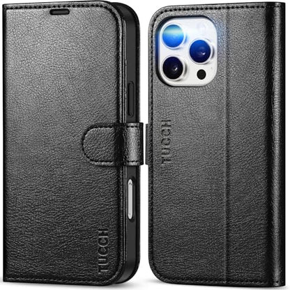TUCCH Wallet Case for iPhone 16 Pro Max (6.9"), Flip Stand, Textured Black | RFID Blocking, 4 Card Holders, Kickstand, PU Leather, Shockproof TPU Shell, Magnetic Closure, Protective Folio Cover - color: Textured Black