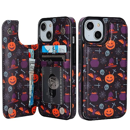 HAOPINSH for iPhone 13/14 Wallet Case with Card Holder, Halloween Pumpkin Pattern Back Flip Case PU Leather Kickstand Card Slots Case for Women Girls, Double Magnetic Clasp Shockproof Cover 6.1" - color: Halloween Pumpkin