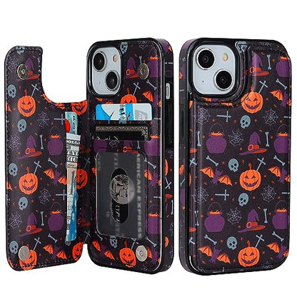 HAOPINSH for iPhone 13/14 Wallet Case with Card Holder, Halloween Pumpkin Pattern Back Flip Case PU Leather Kickstand Card Slots Case for Women Girls, Double Magnetic Clasp Shockproof Cover 6.1" - color: Halloween Pumpkin