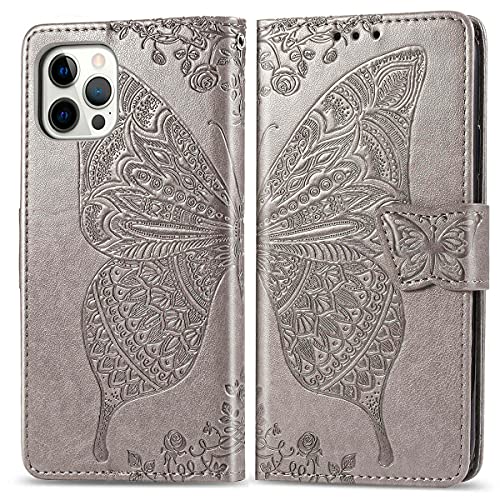 for iPhone 12 Pro/iPhone 12 Wallet Case,Women Flip Folio Cover with Butterfly Embossed PU Leather Kickstand Credit Card Holder Slots Wrist Strap for iPhone 12/12 Pro 6.1 inch (Gray) - color: Gray