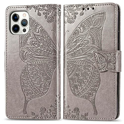 for iPhone 12 Pro/iPhone 12 Wallet Case,Women Flip Folio Cover with Butterfly Embossed PU Leather Kickstand Credit Card Holder Slots Wrist Strap for iPhone 12/12 Pro 6.1 inch (Gray) - color: Gray