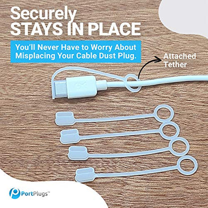 USB C Cable Dust Caps 5 Pack with Integrated Tether, Clear - color: Clear
