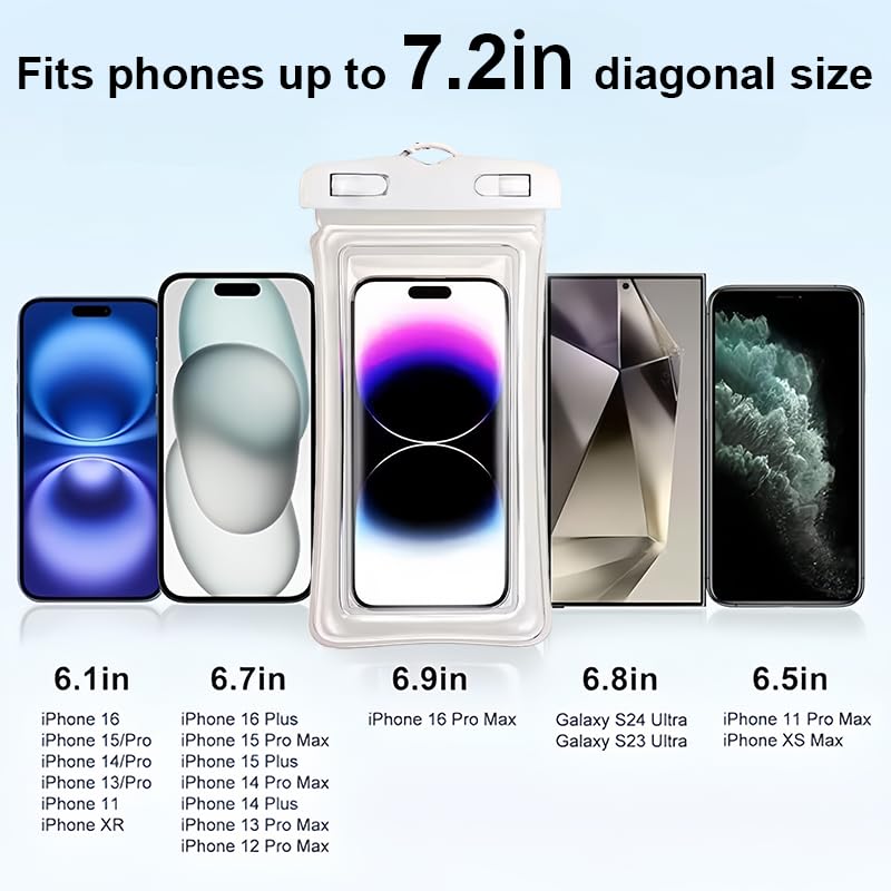 IPX8 Waterproof Phone case, Floating Waterproof Phone Pouch with Adjustable Lanyard & Airbag Heavy-Duty Protection, 7.2" Clear Cellphone Dry Bags for Vacation Beach Pool Cruise Travel Essentials-White - color: White
