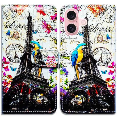 Bcov Case for iPhone 16,Paris Eiffel Tower Postcard Bird Multifunction Leather Phone Case Wallet Flip Cover with Multi Card Slots Pocket Wrist Strap for Apple iPhone 16 - color: Paris Eiffel Tower Postcard Bird