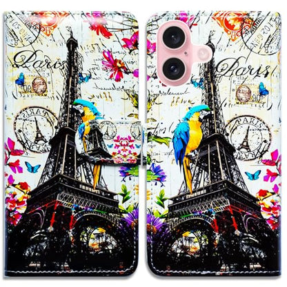 Bcov Case for iPhone 16,Paris Eiffel Tower Postcard Bird Multifunction Leather Phone Case Wallet Flip Cover with Multi Card Slots Pocket Wrist Strap for Apple iPhone 16 - color: Paris Eiffel Tower Postcard Bird