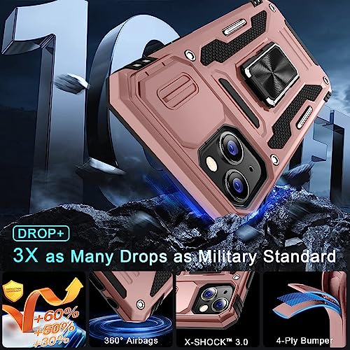 DEERLAMN Case for iPhone 13/iPhone 14 6.1-Inch with Slide Camera Cover+Screen Protector(2 Packs),Rotated Ring Kickstand Military Grade Shockproof Protective Cover-Rose Gold - color: Rose Gold