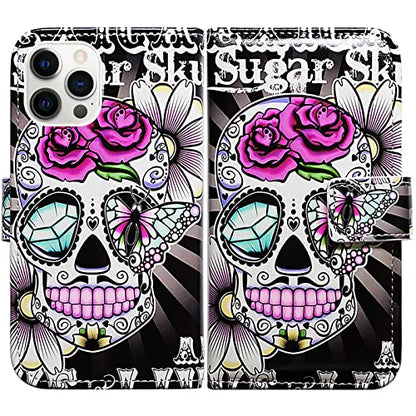 Bcov Case for iPhone 14 Pro, Purple Flower Sugar Skull Leather Flip Phone Case Wallet Cover with Card Slot Holder Kickstand for iPhone 14 Pro - color: Purple Flower Sugar Skull