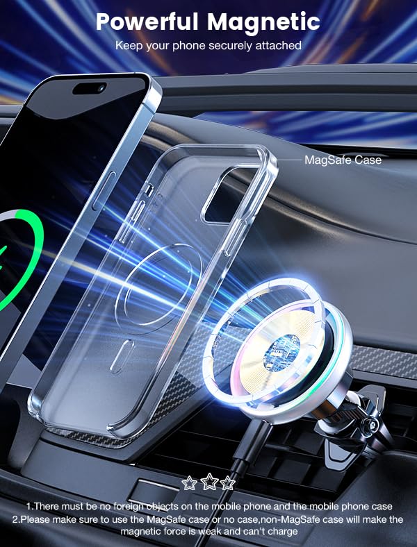 for Magsafe Car Mount Charger 15W LED RGB Car Phone Holder for Dash Vent - color: Silver